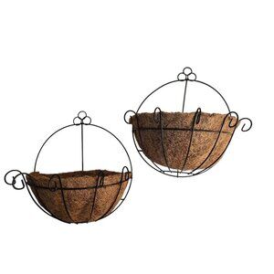 Set Of 2 Wall-Mounted Half-Moon Hanging Planters With Coco Liners & Black Metal